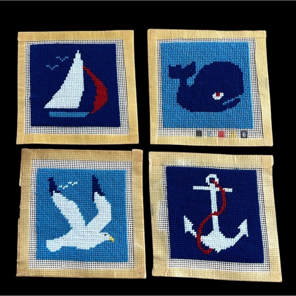Vintage embroidery set of 4 handmade squares ready to frame.